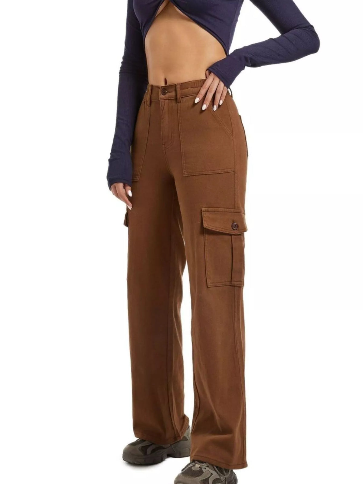 Brown wide-leg cargo jeans, side view