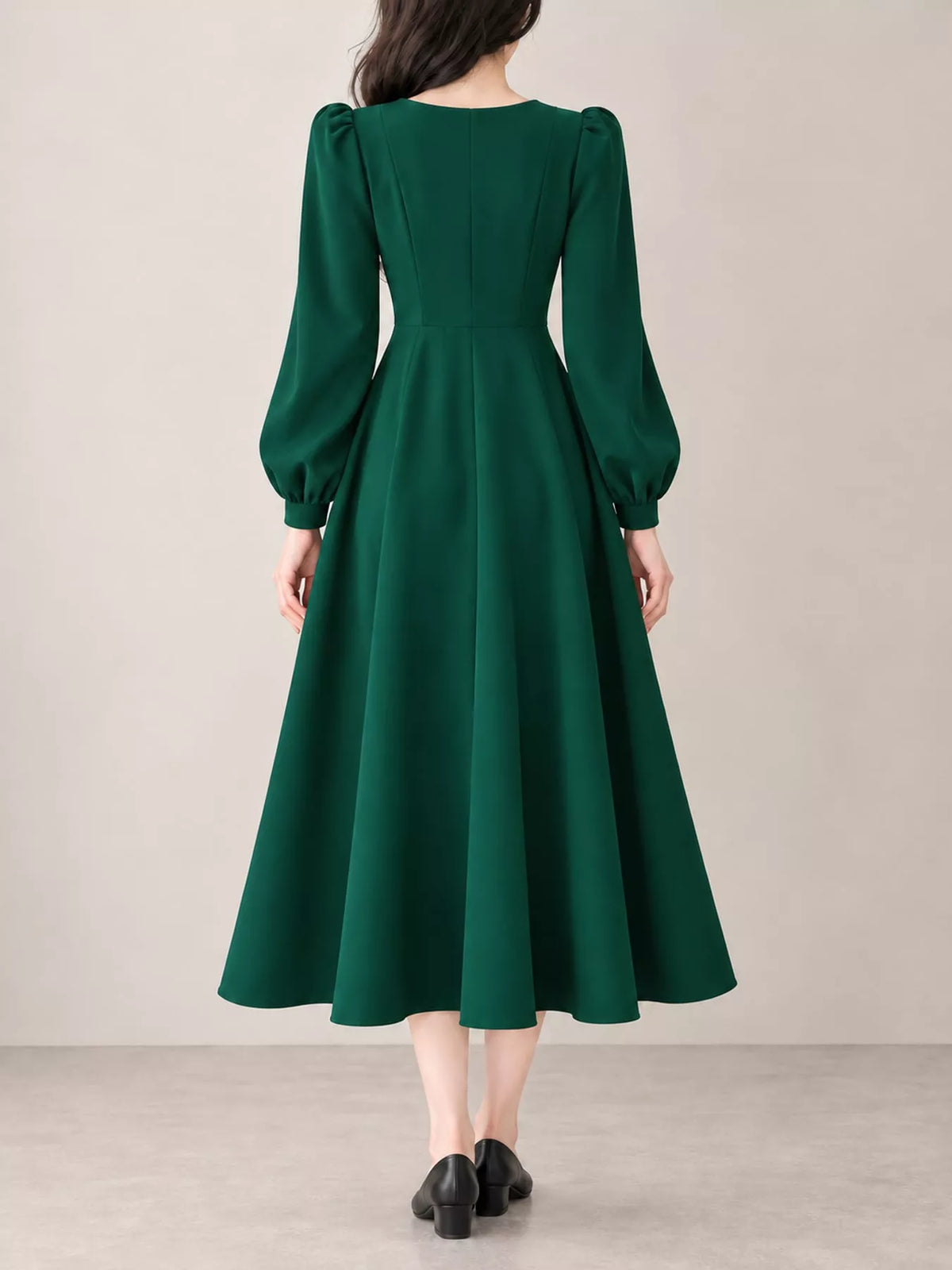 Green long sleeve a line midi dress, back view