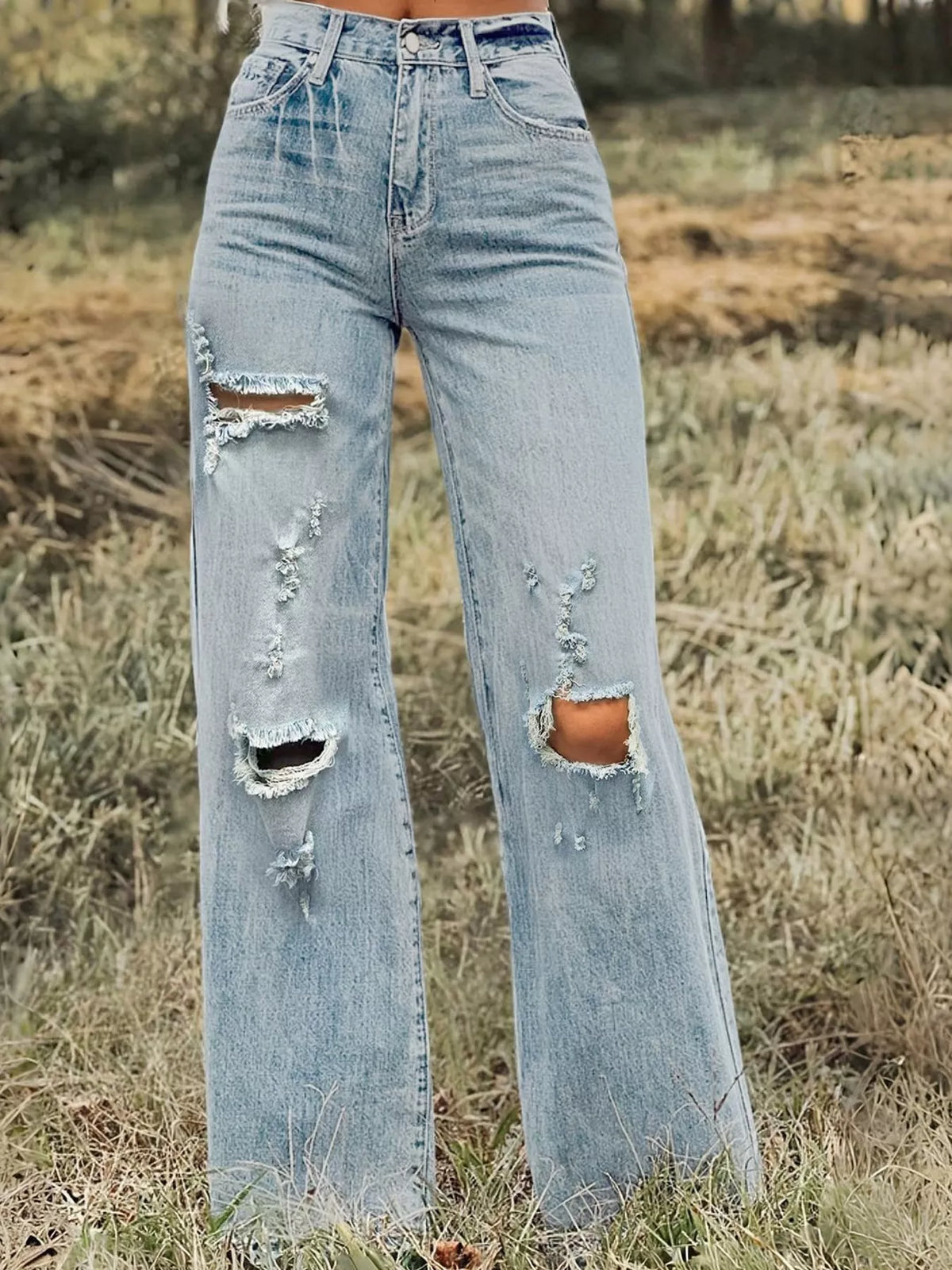 Mid-Rise Distressed Wide-Leg Jeans, front view