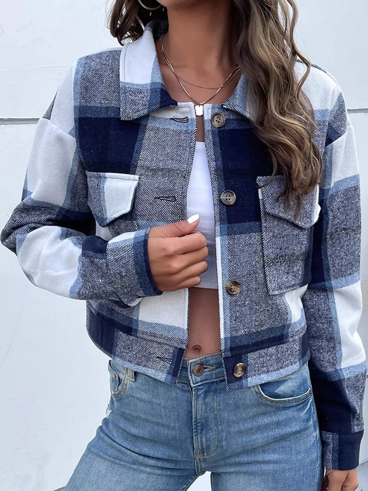 Plaid cropped jacket, blue white front