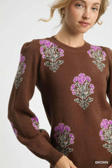 Trendsi Umgee Single Flower Stem Jacquard Sweater -