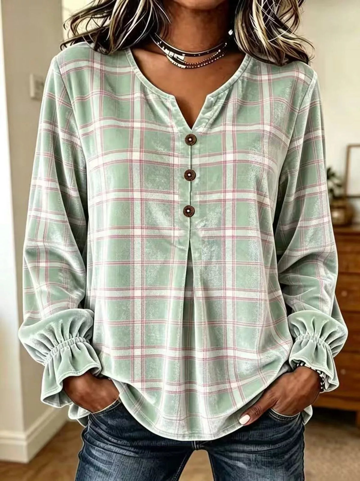 Green plaid velvet balloon-sleeve blouse, front view