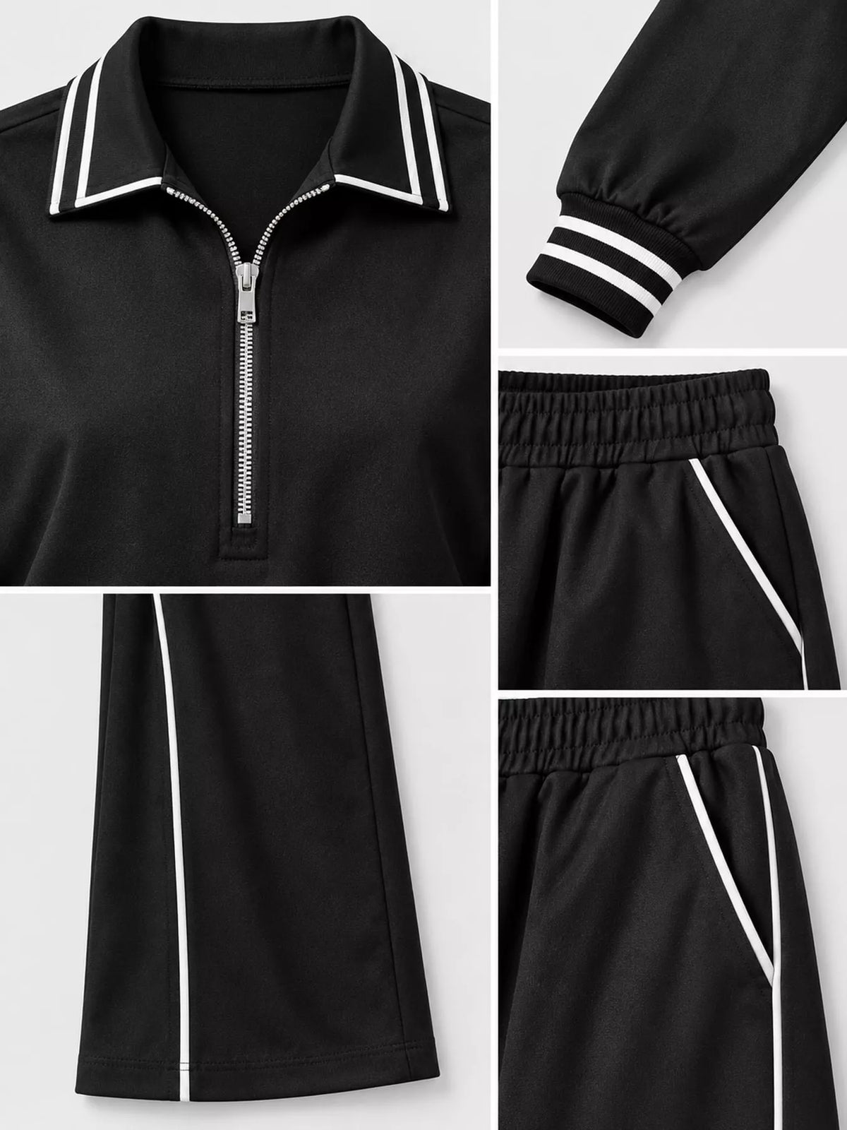 Black striped half zip top and pants set, zip collar, cuffs, elastic waist, pocket, and leg hem close-ups