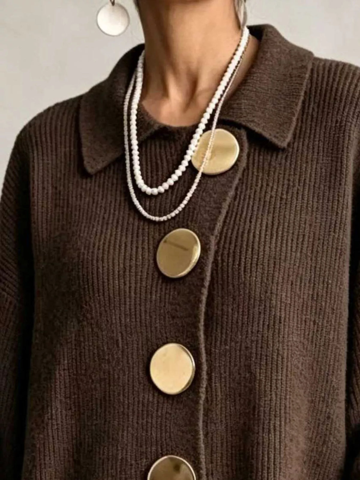 Women's Ribbed Knit Gold Buttons Cardigan in brown — collar detail view