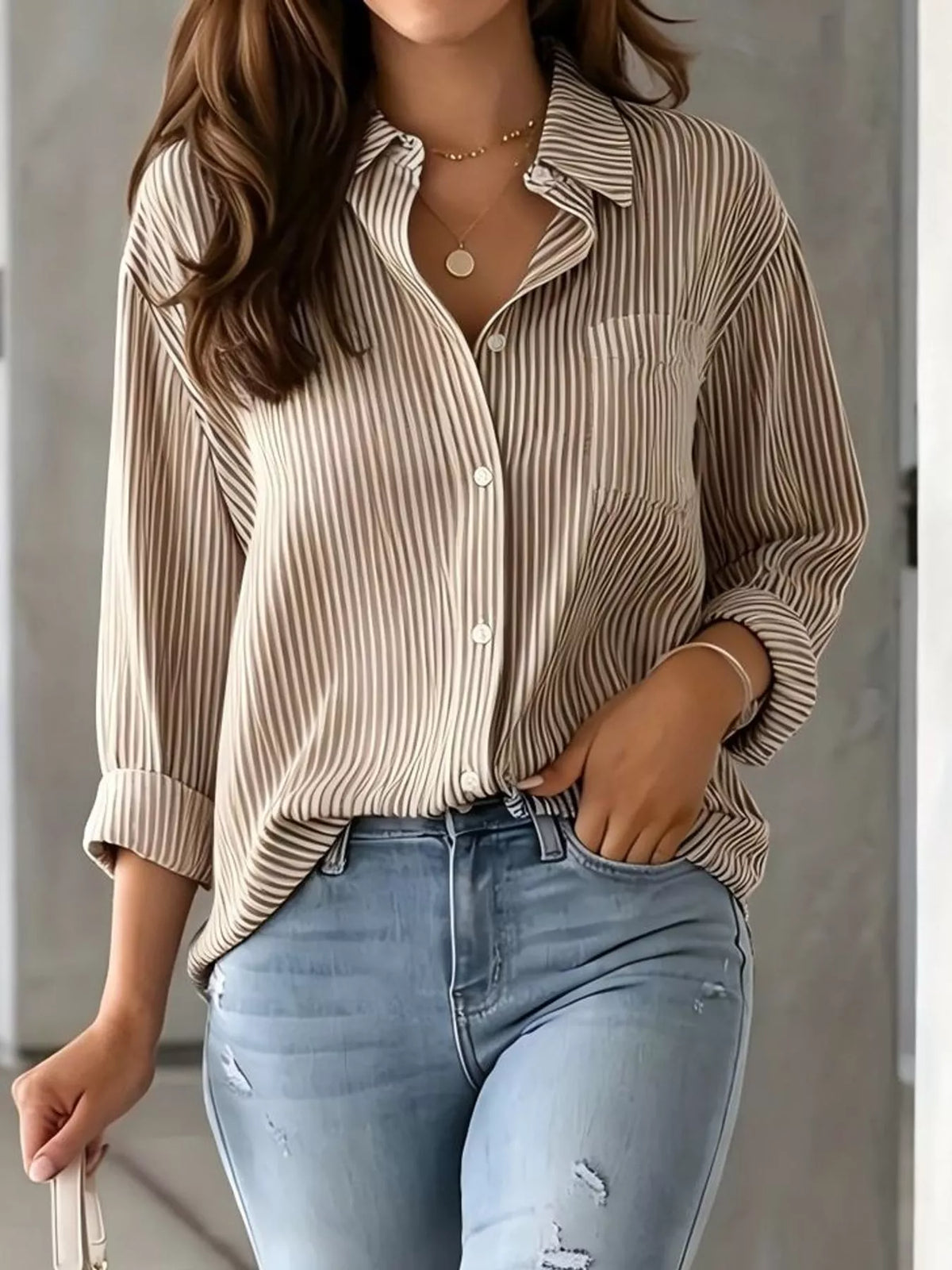 Striped long shirt, beige front