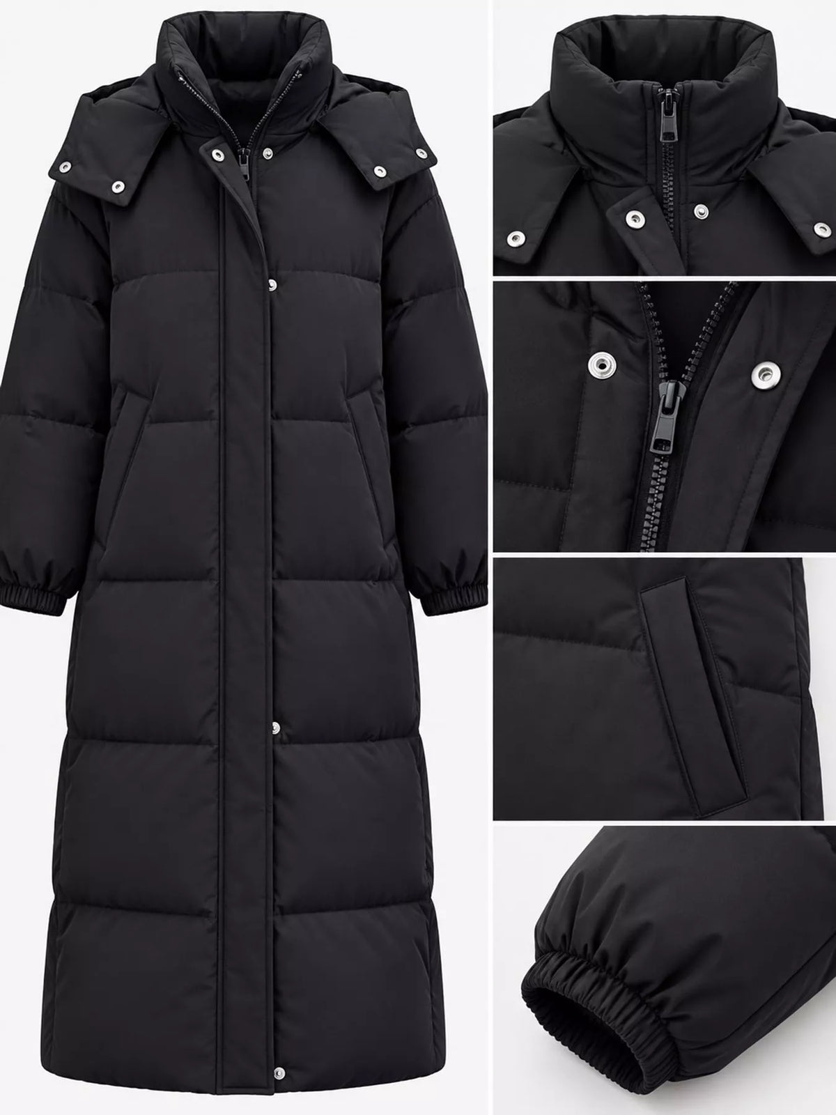 Longline puffer coat, black hood zip pocket and cuff details