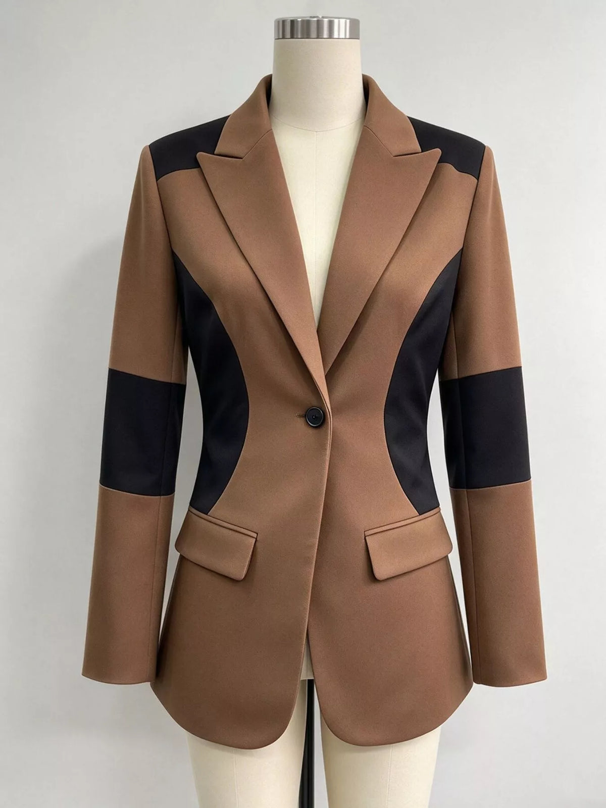 Brown color-block one button blazer
