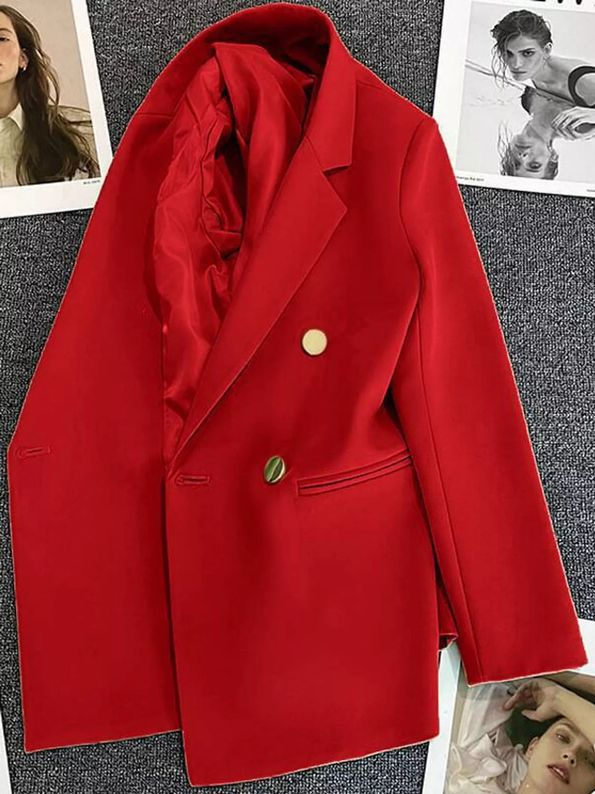 Red double-breasted lapel collar blazer