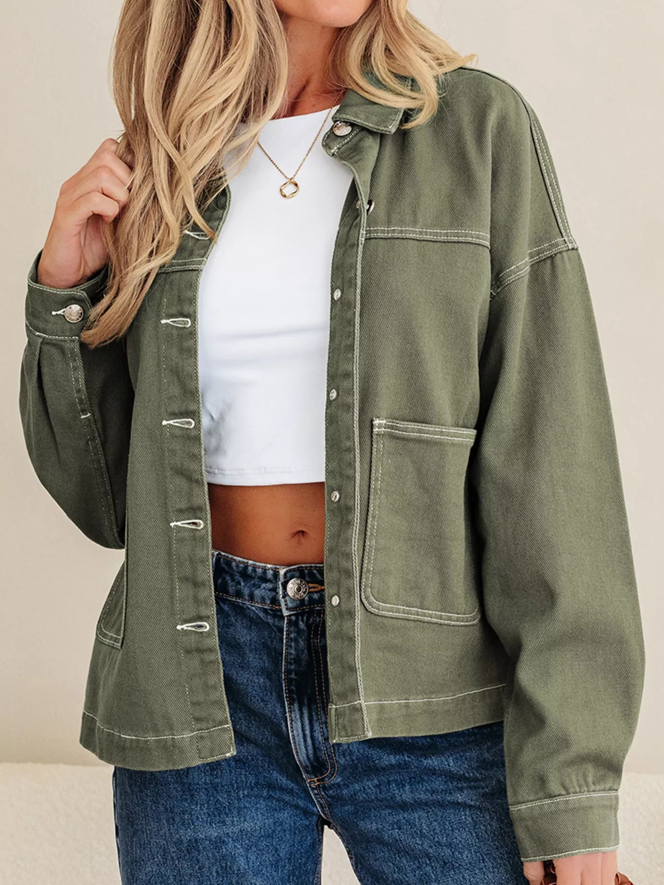 Trendsi Patched Pocket Collared Button Front Boyfriend Denim Jacket -