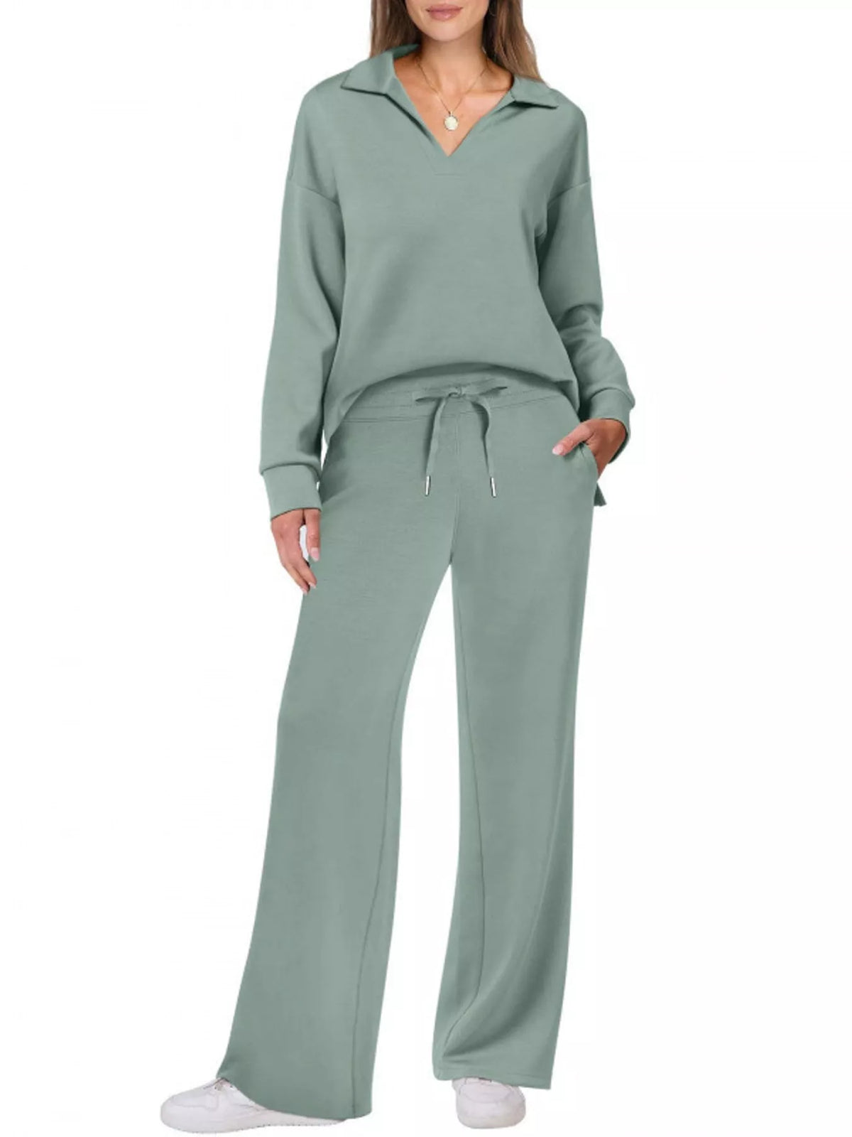 Top and drawstring pants set, sage front