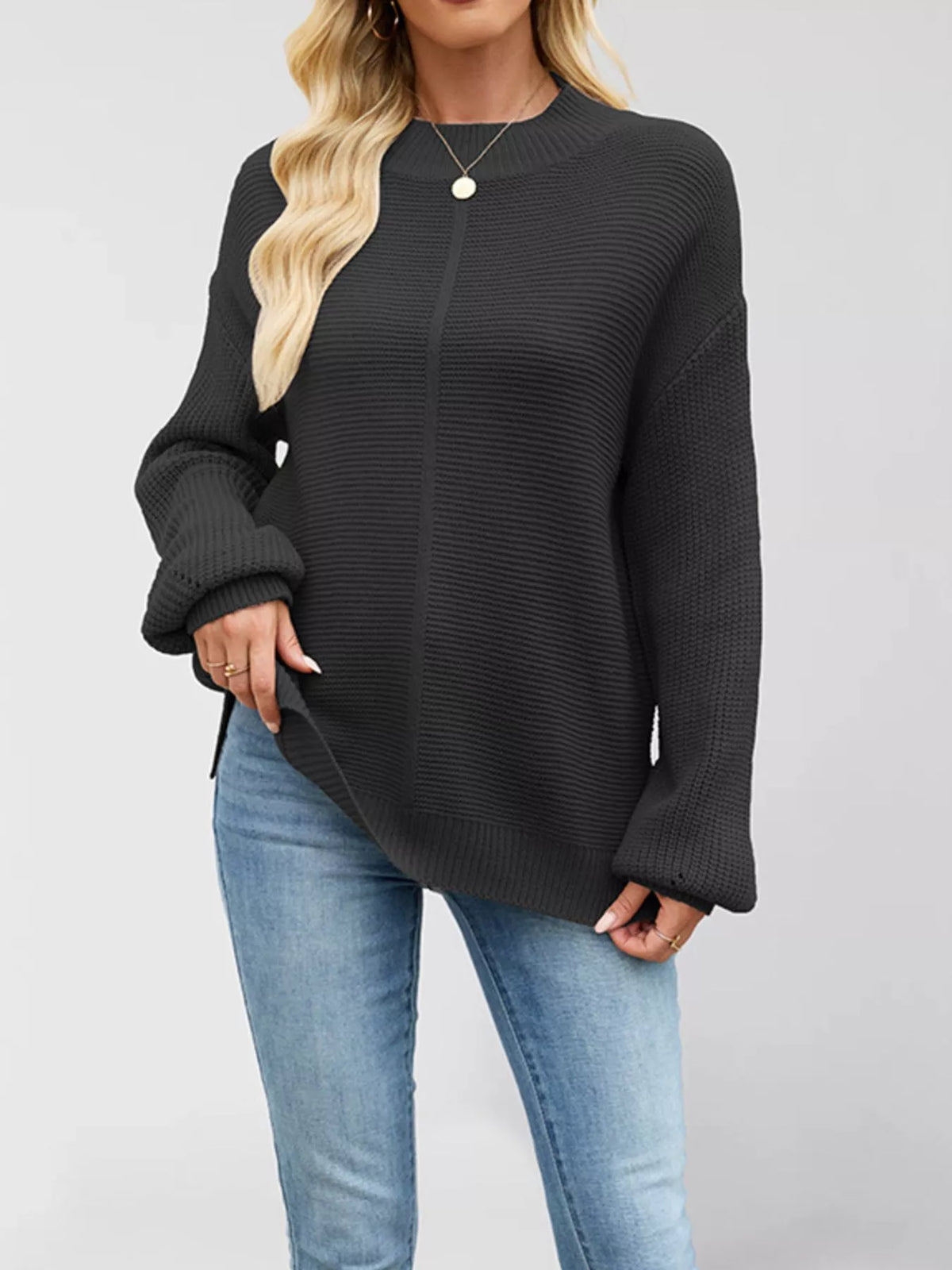 Trendsi Ribbed Mock Neck Drop Shoulder Sweater -