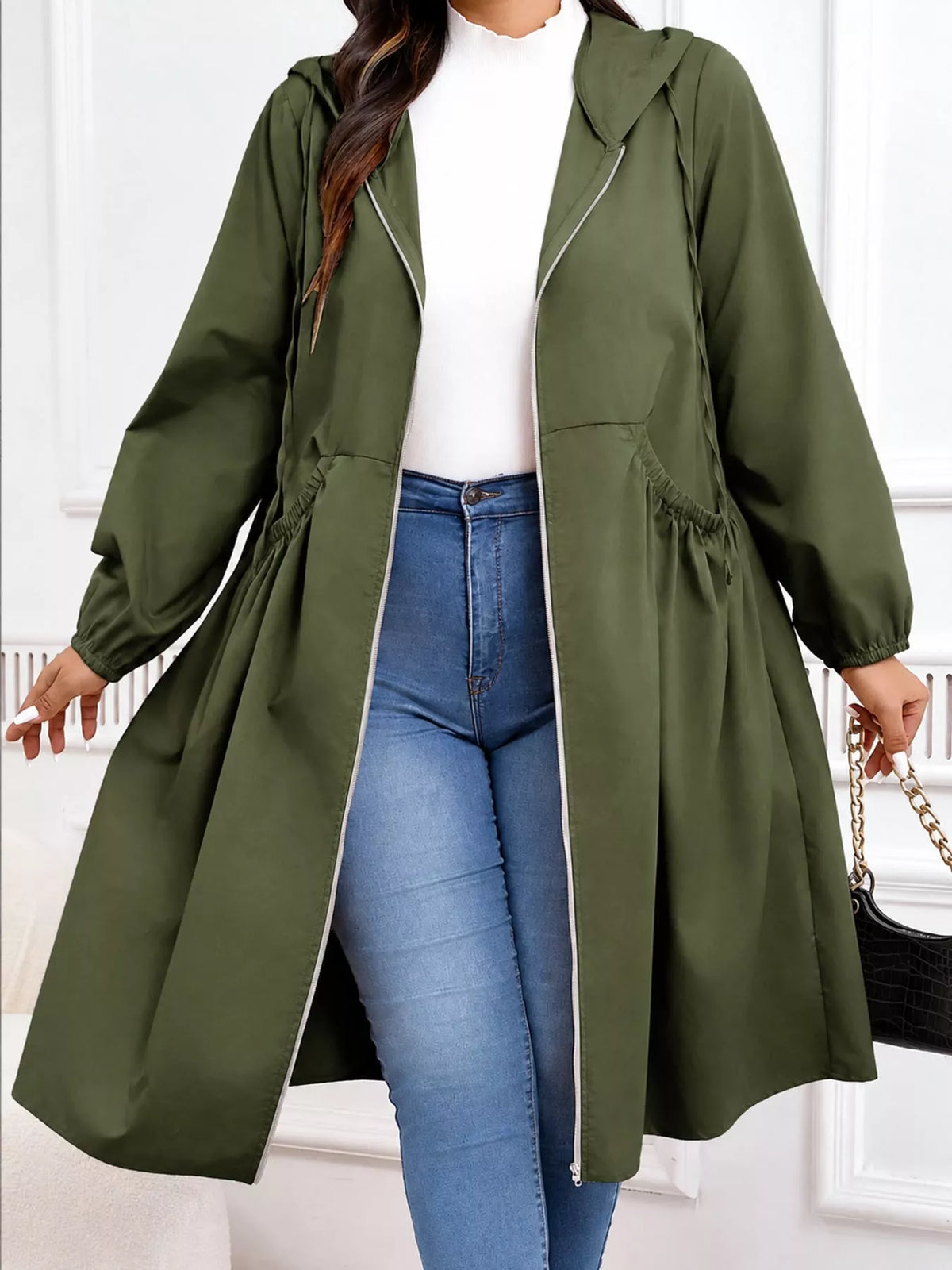 Hooded longline jacket, olive front
