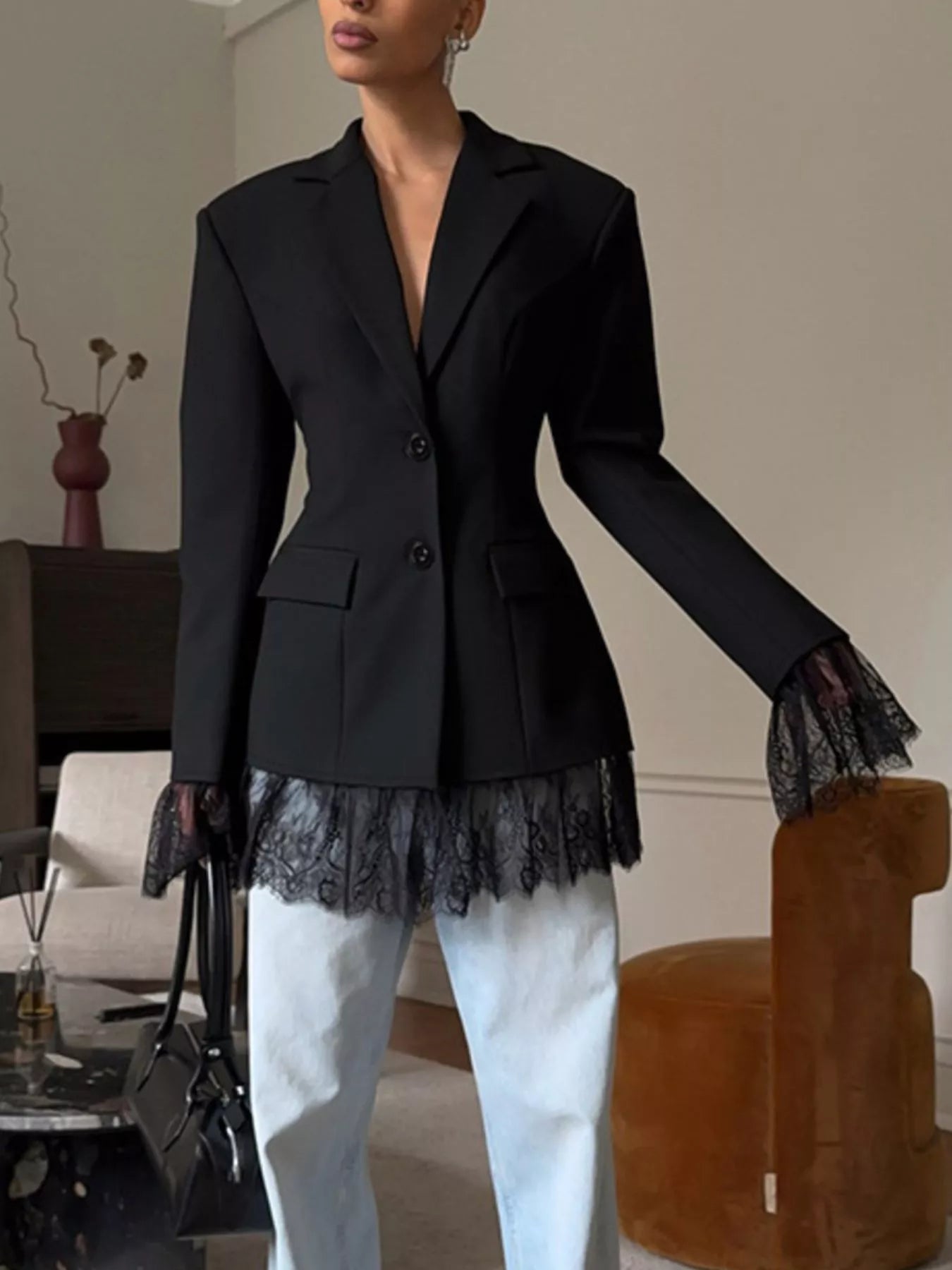 Trendsi Lace Hem Lapel Collar Blazer -