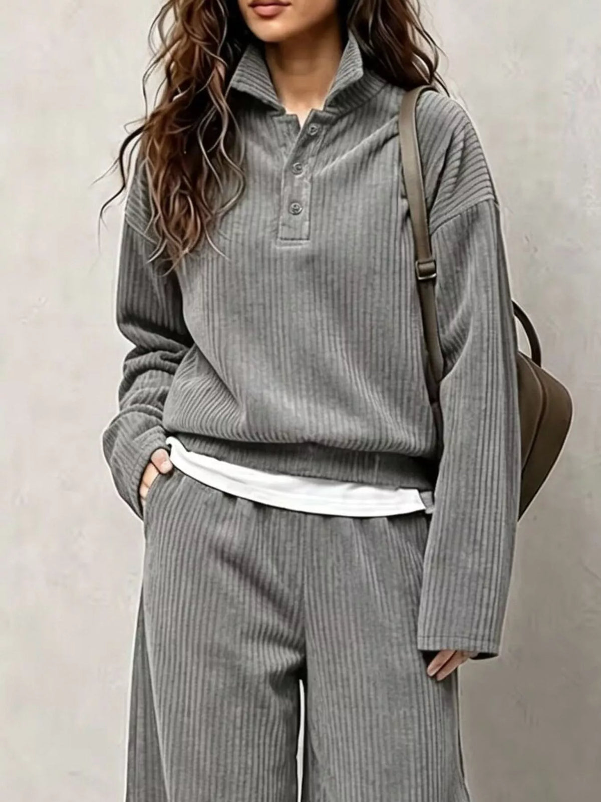 Women's Corduroy Button Detail Top and Wide-Leg Pants Set in gray — bodice detail view