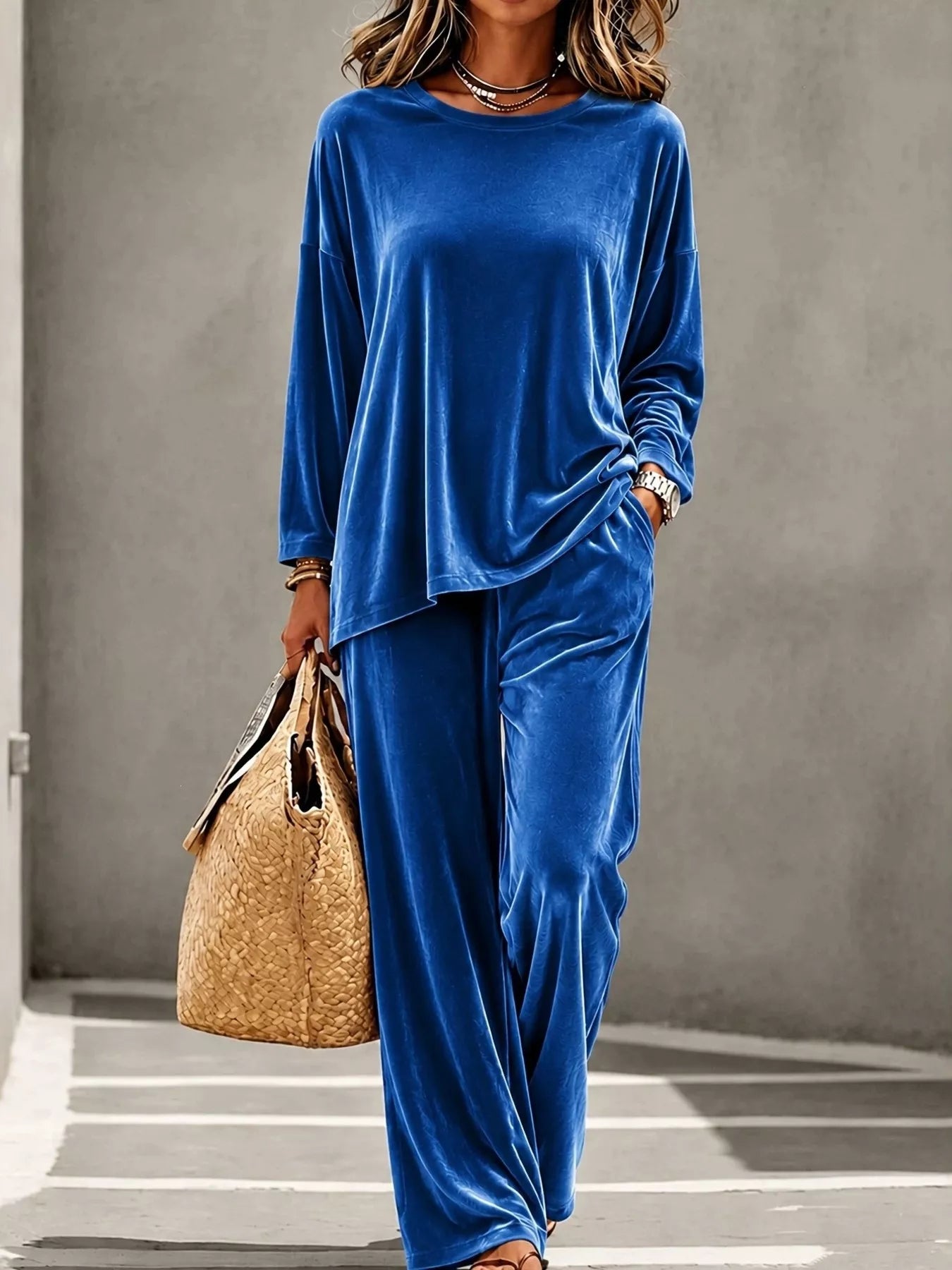 Trendsi Full Size Velvet Long Sleeve Top and Pants Set Plus Size -