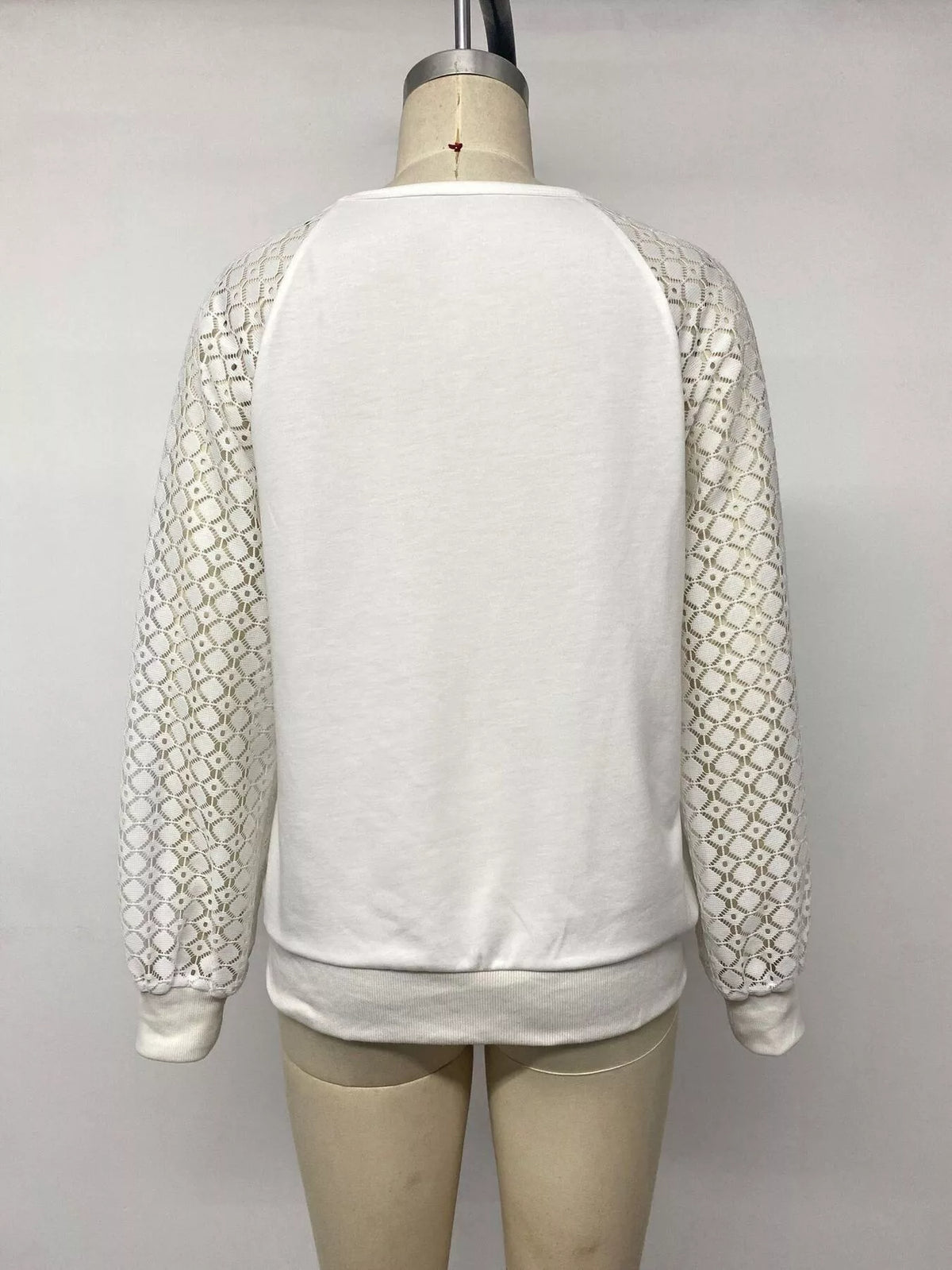 White lace raglan sleeve sweatshirt, back on mannequin