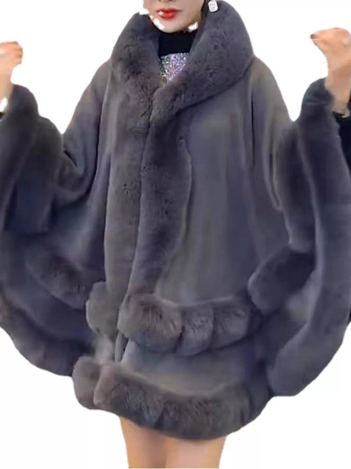 Faux-fur-trim cape, gray front