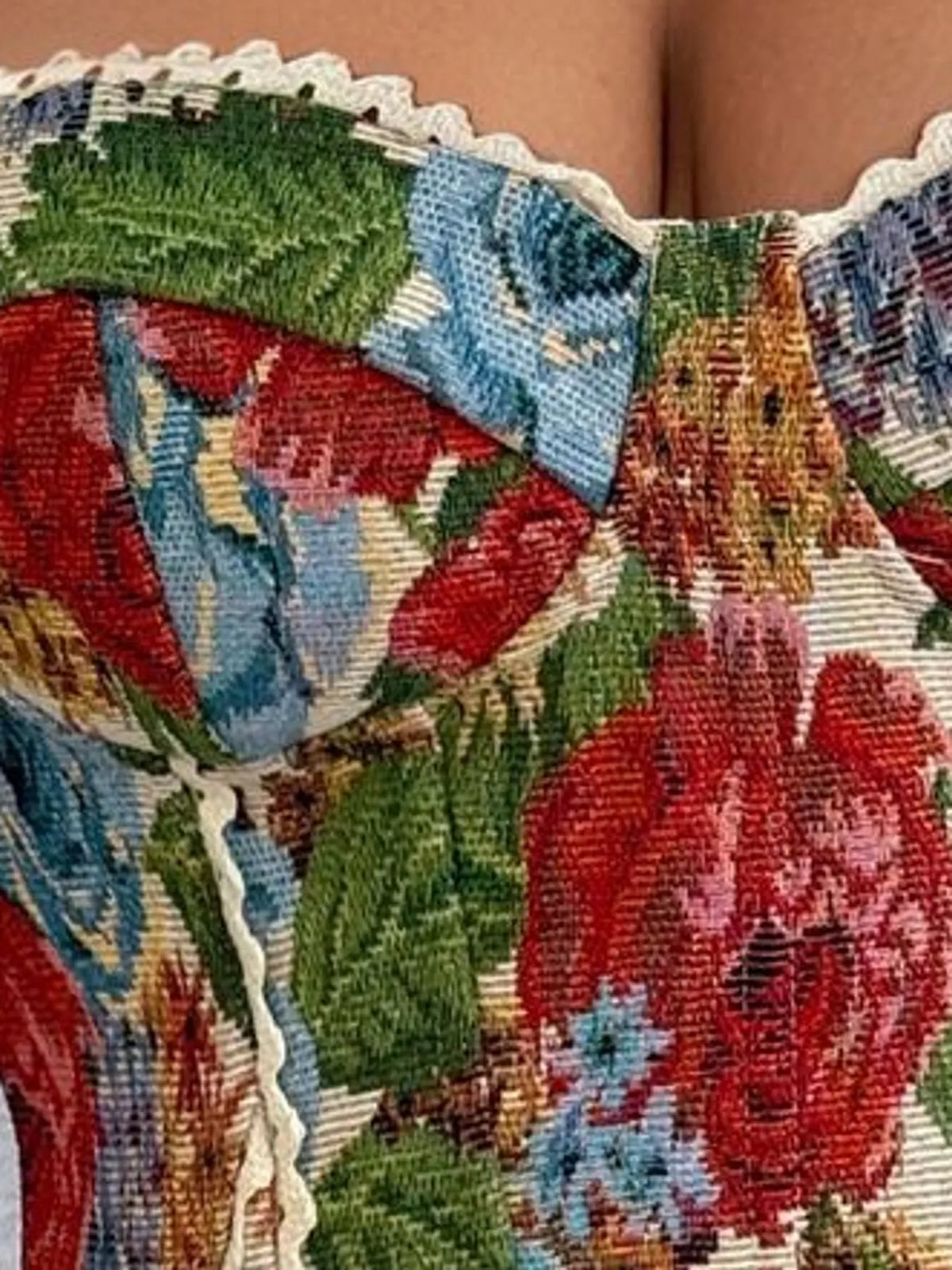 Heather Red lace up back printed cami, detail view
