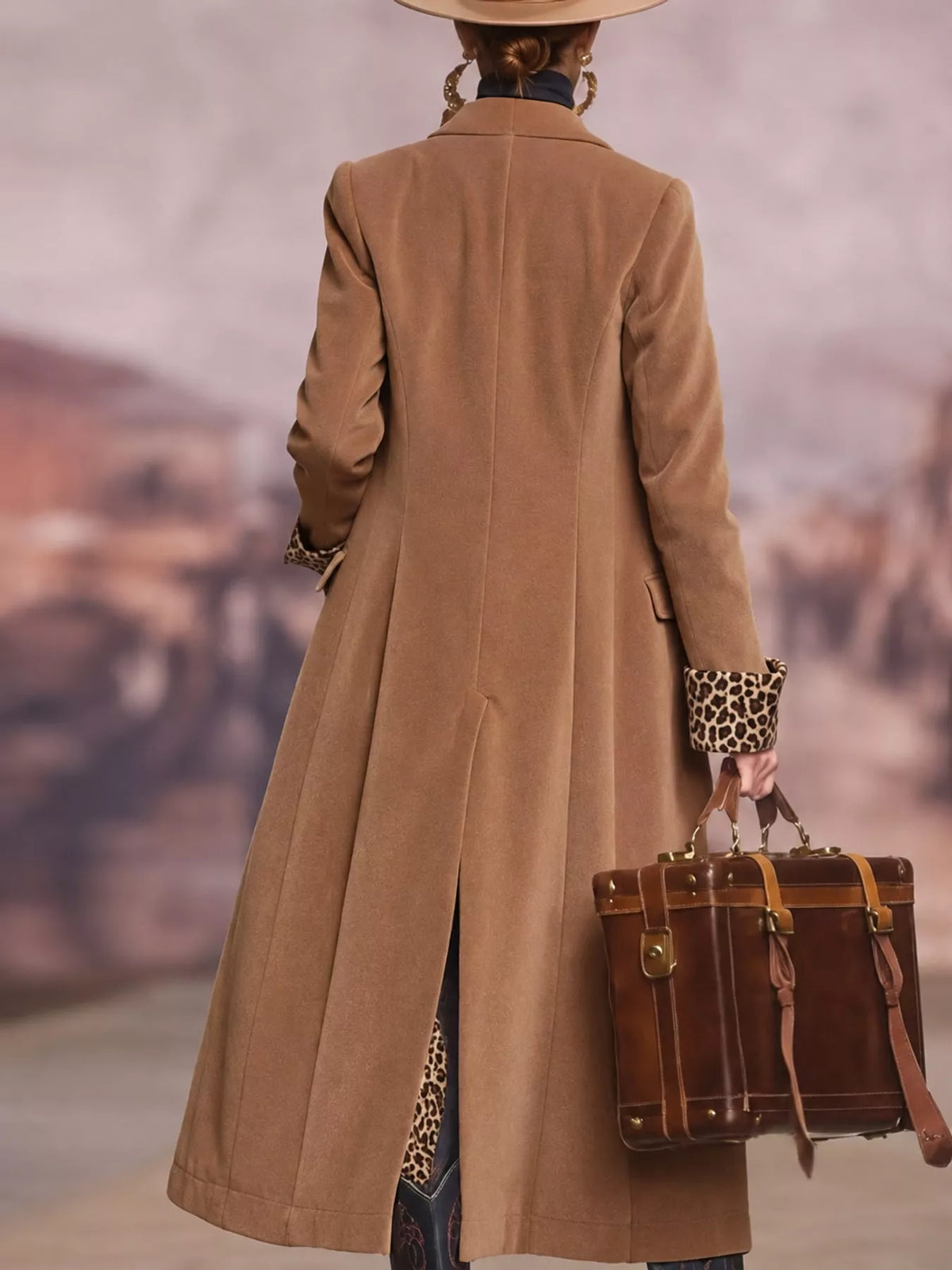 Camel-Woolen Version button up longline coat, back view