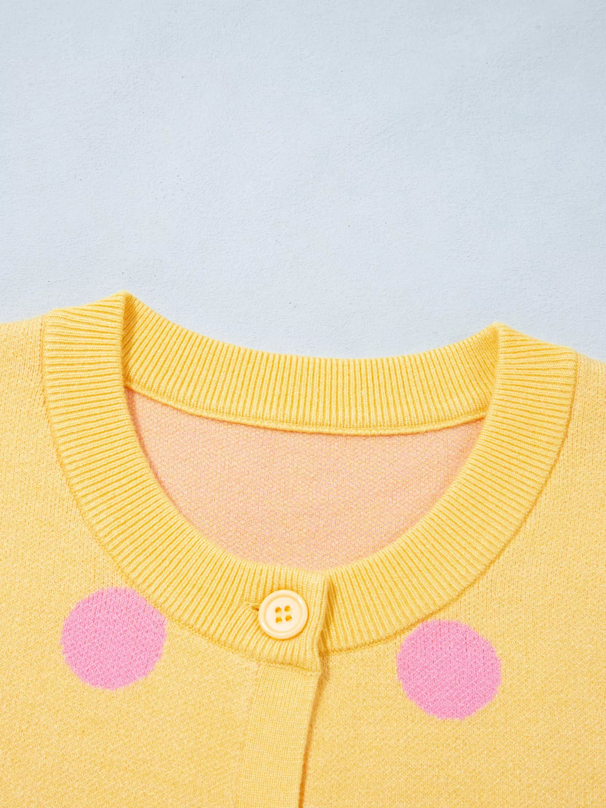 Polka Dot Button Front Long Sleeve Sweater Cardigan, neckline detail