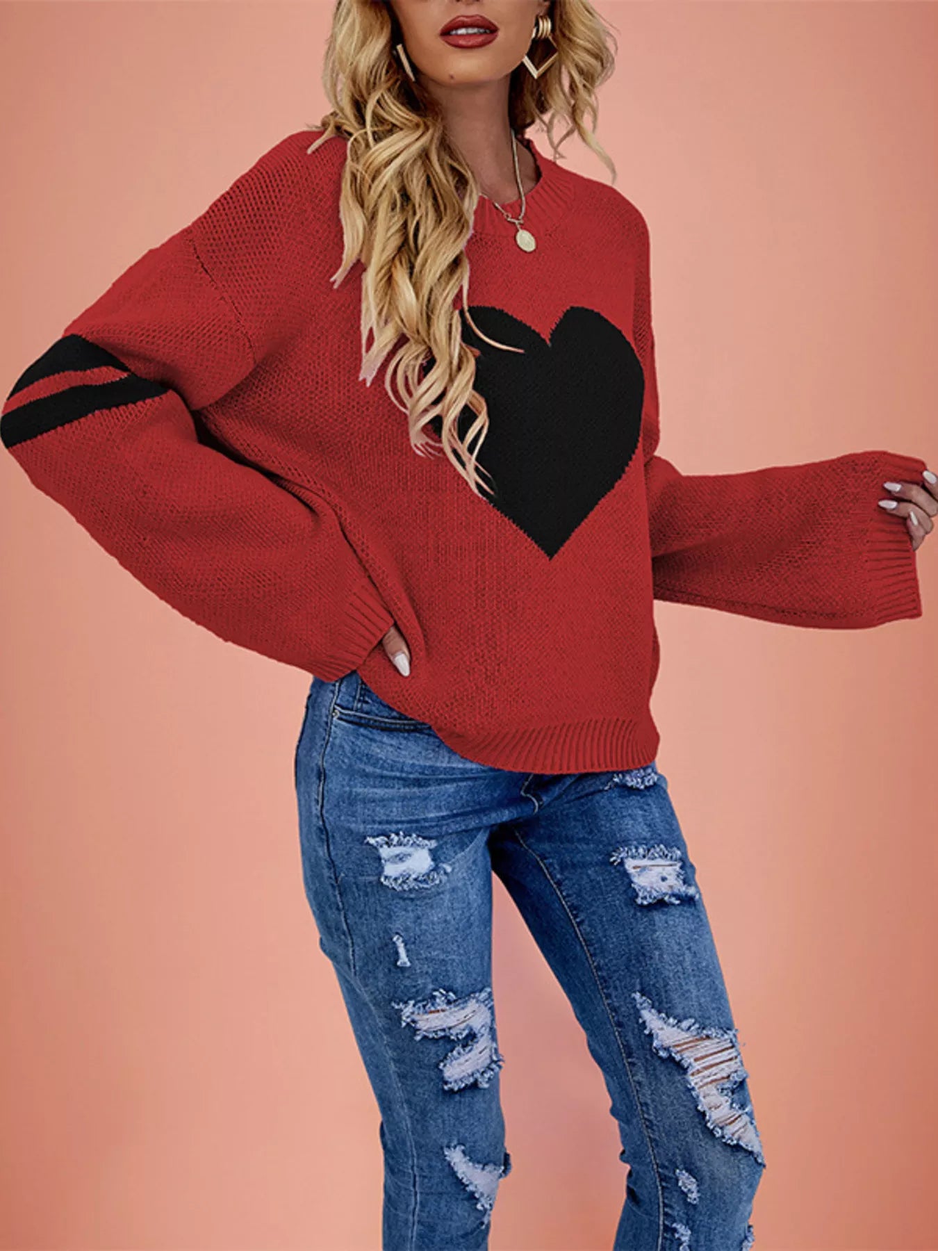 Trendsi Heart Pattern Dropped Shoulder Sweater -