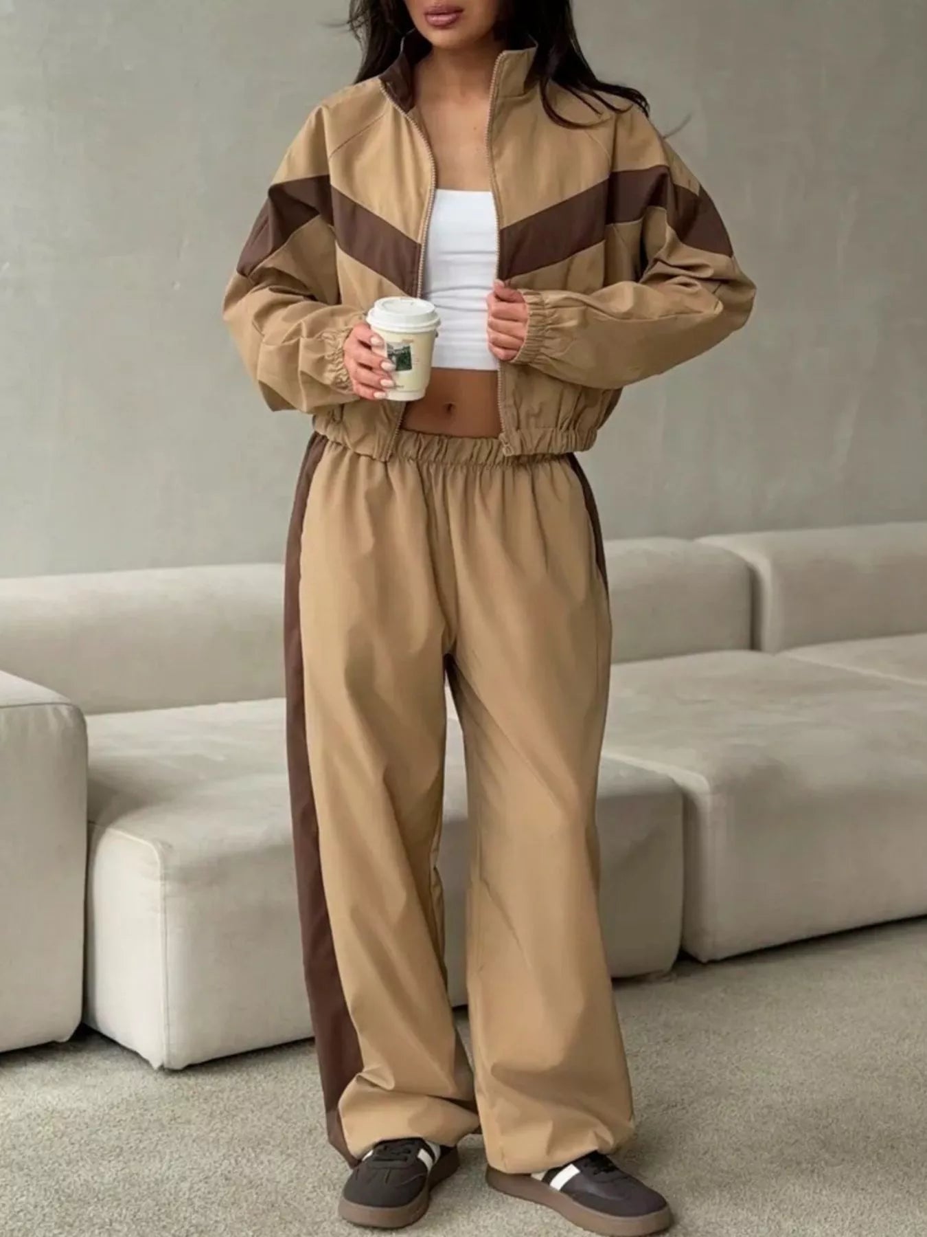 Trendsi Color Block Zip Up Outerwear and Pants Set -