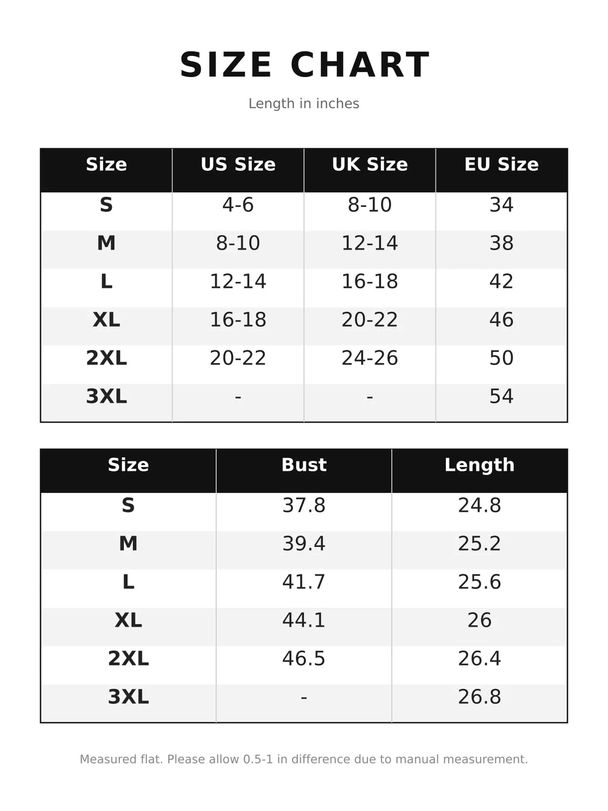 Size and measurement chart for long-sleeve blouse