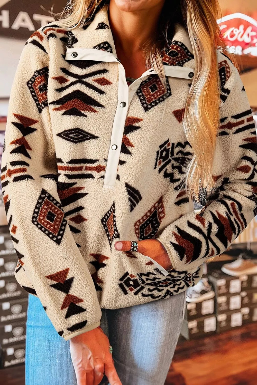 Trendsi Aztec Print Fleece Snap Down Sweatshirt - Shirts