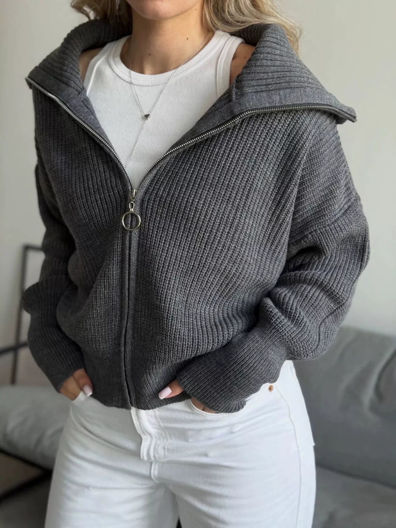 Trendsi Zip Up Dropped Shoulder Cardigan -