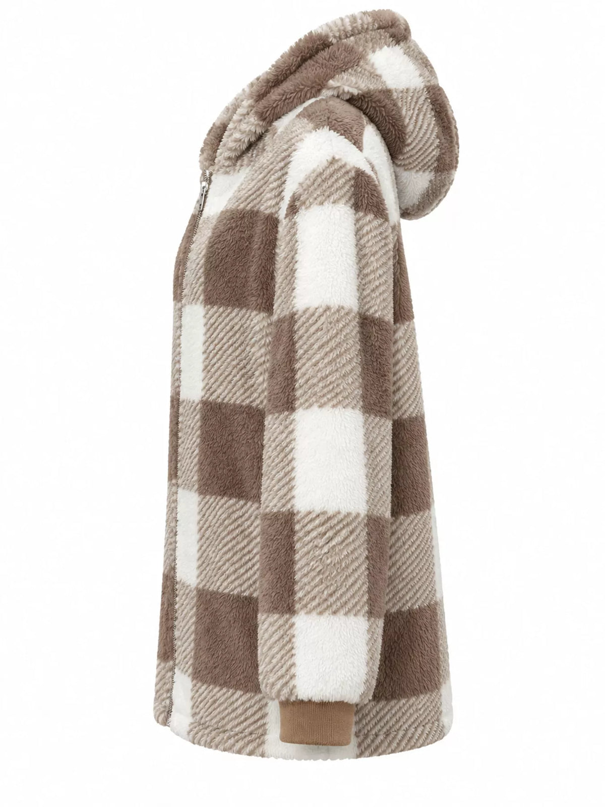 Brown and white plaid sherpa hooded zip up jacket, side view