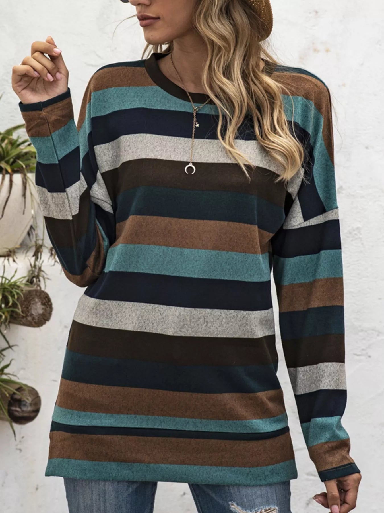 Trendsi Full Size Casual Striped Long Sleeve Crew Neck Top Plus Size -