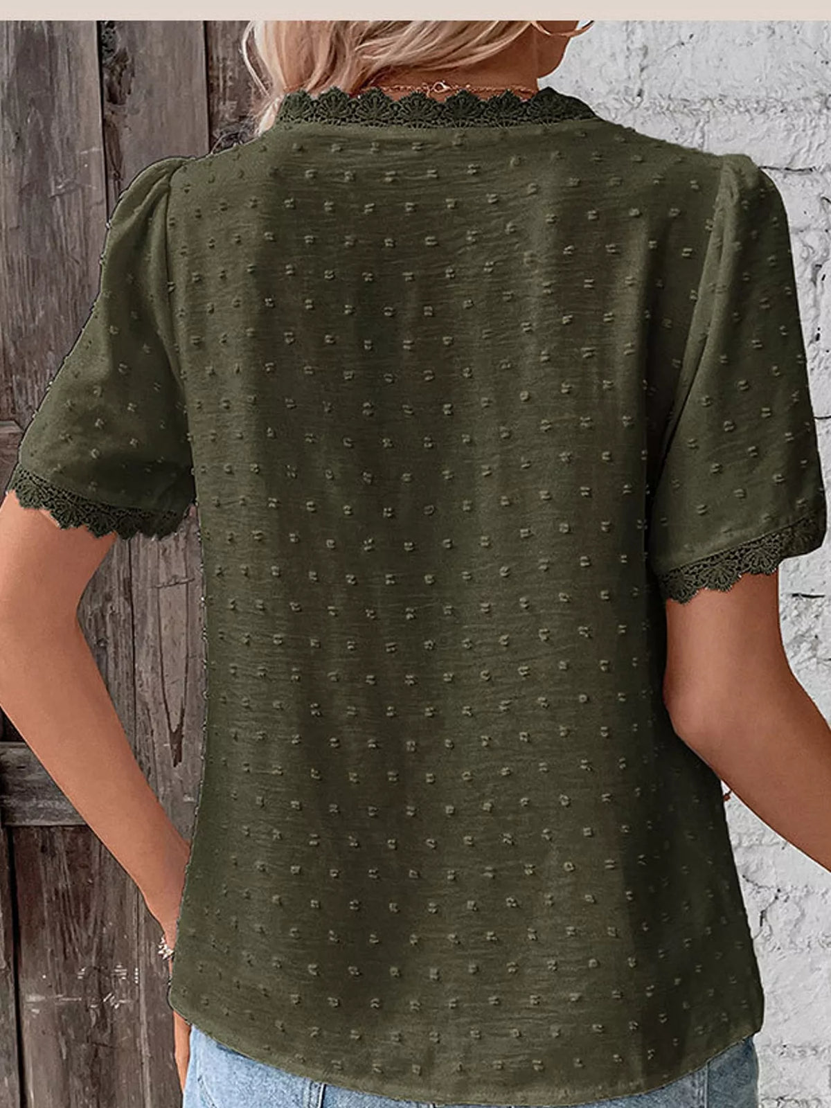 Army Green swiss dot v-neck blouse with lace trim, back view
