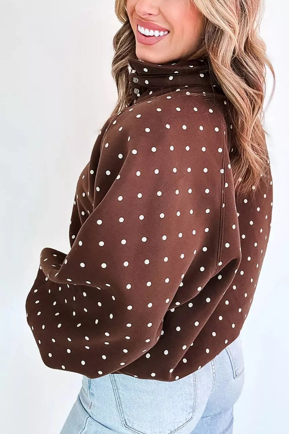 Trendsi Polka Dot Print Metal Button Collar Casual Pullover Sweatshirt - Shirts