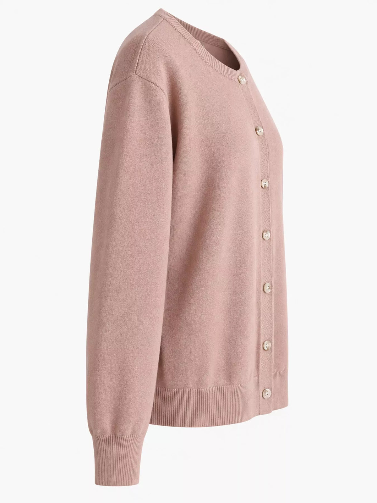 Pink crew neck button down knit cardigan, side view