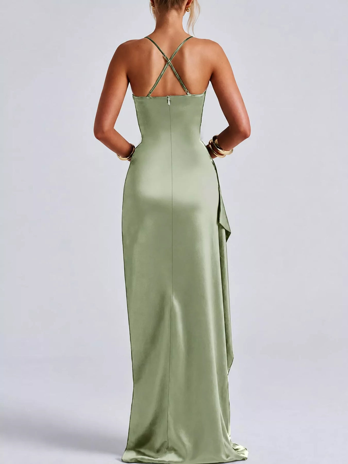 Pale green satin ruched high slit maxi dress, back view