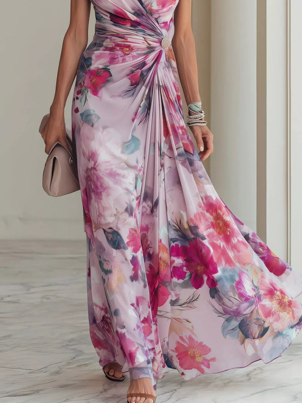 Floral print ruched short sleeve maxi dress