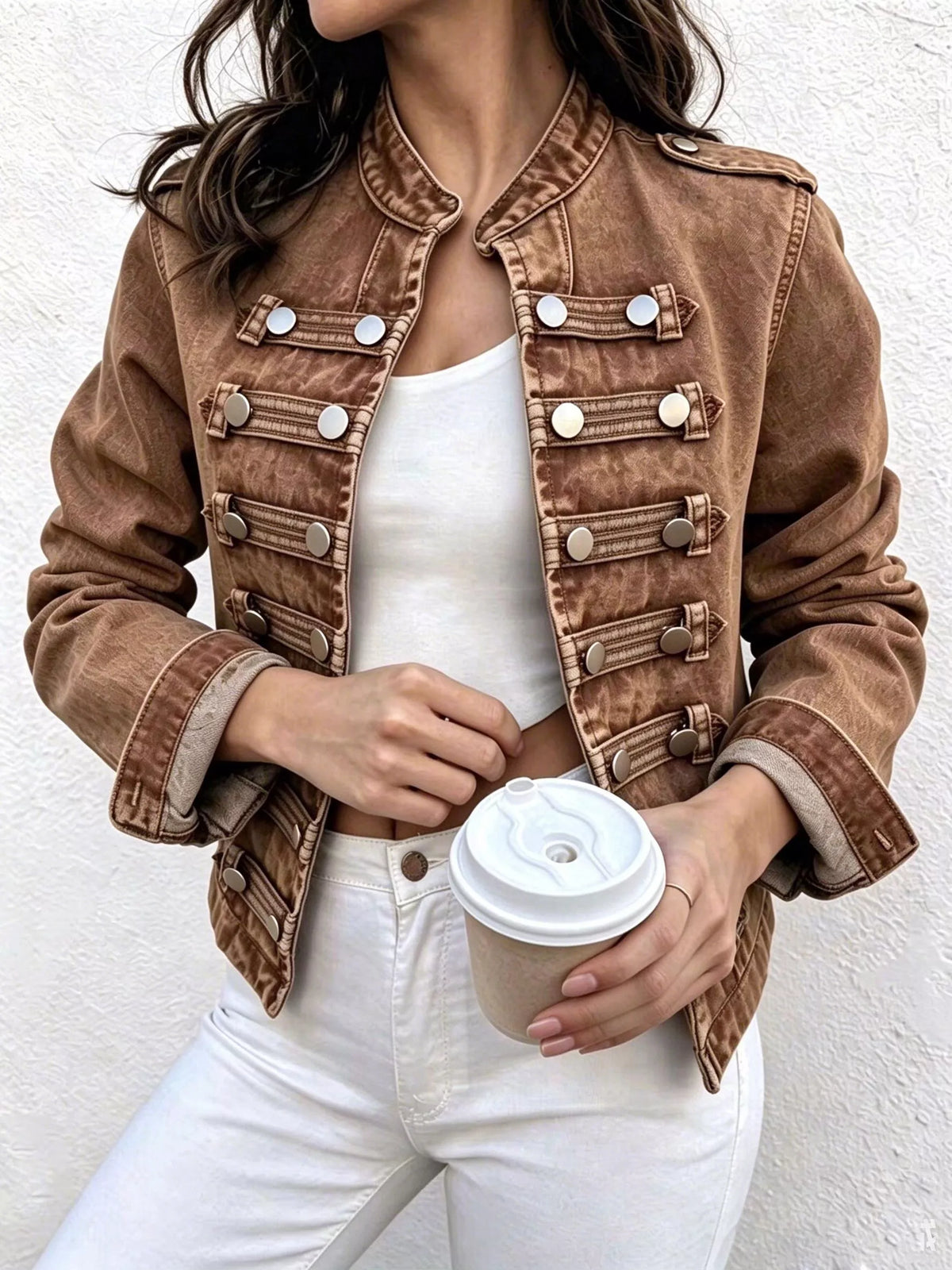 Brown open-front denim jacket, front view