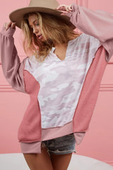 Trendsi BiBi Camo Printed French Terry Knit Color Block Top -