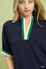 Trendsi Umgee Textured Knit Top with Striped Contrast Trim -