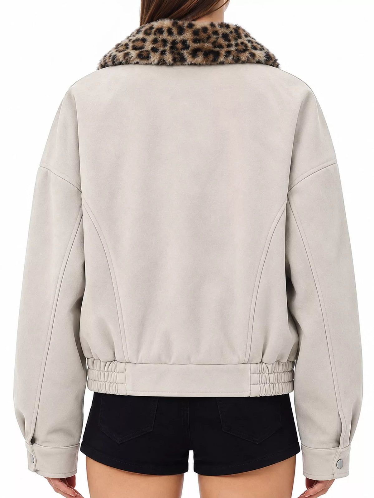 Cream leopard collar zip-up jacket — back view