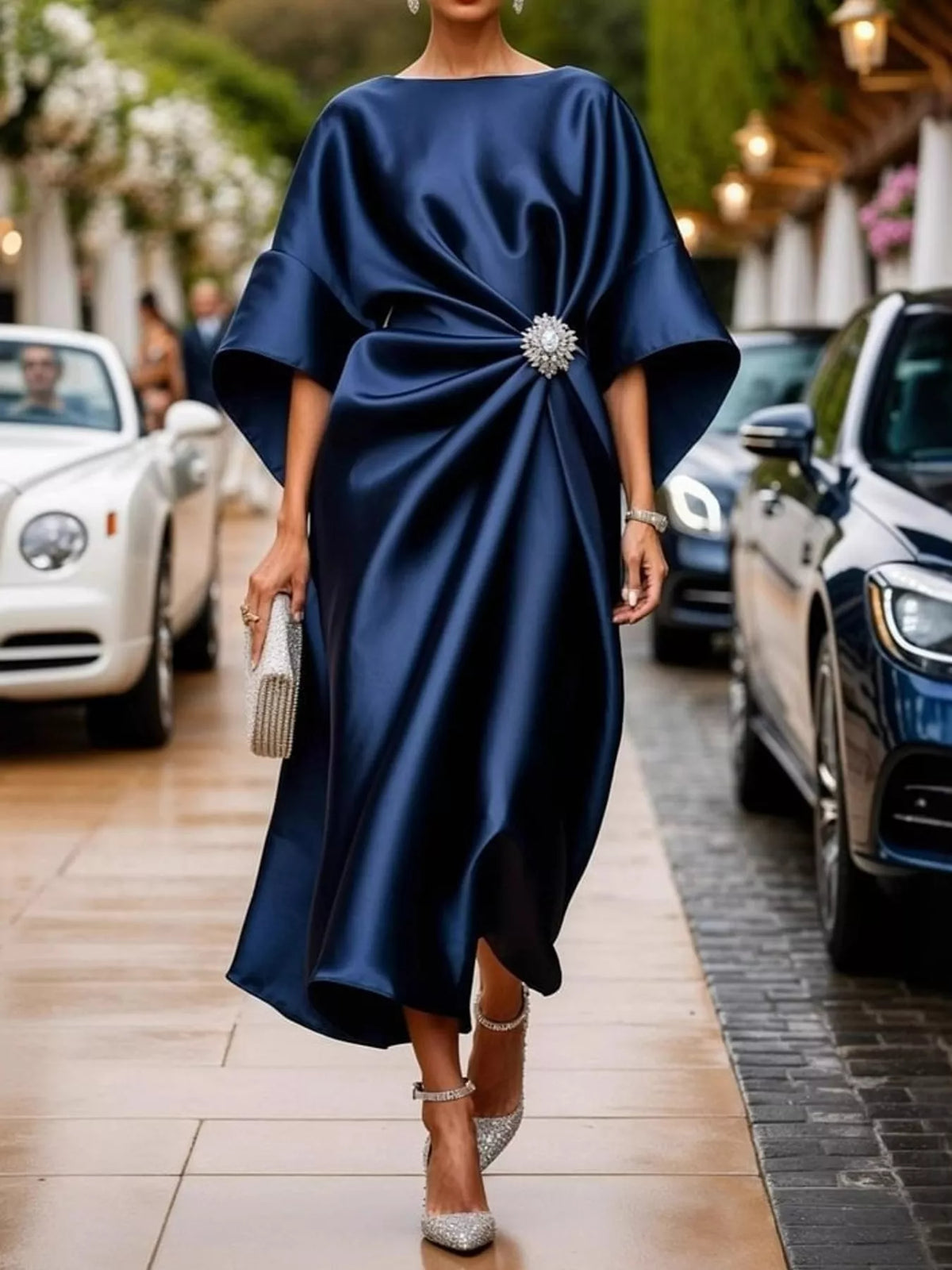 Navy satin draped brooch evening dress