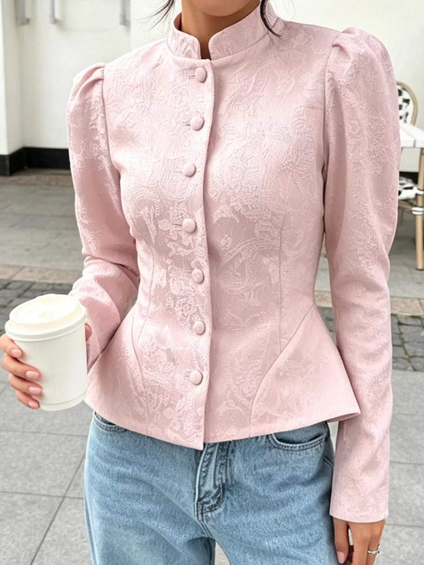 Trendsi Jacquard Peplum Puff Sleeve Outerwear -