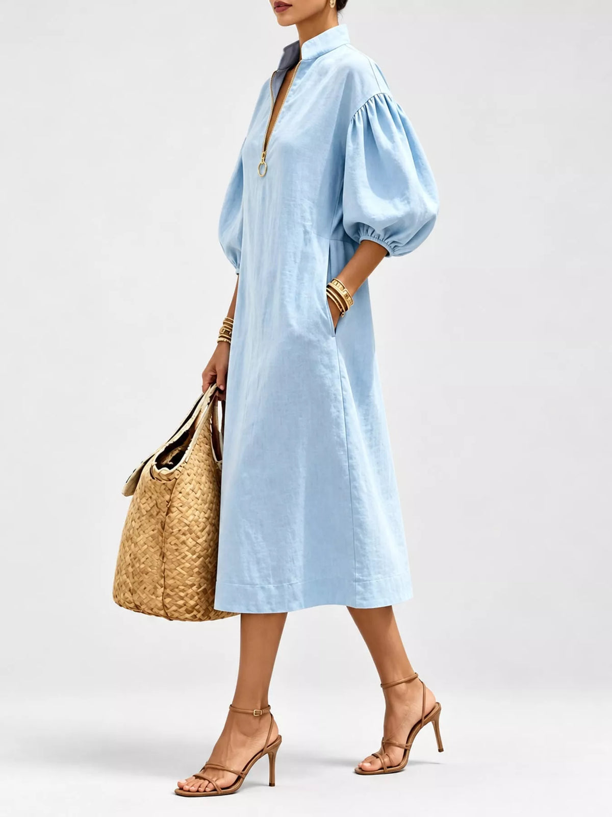Half-Zip Puff Sleeve Midi Dress in light blue, side view