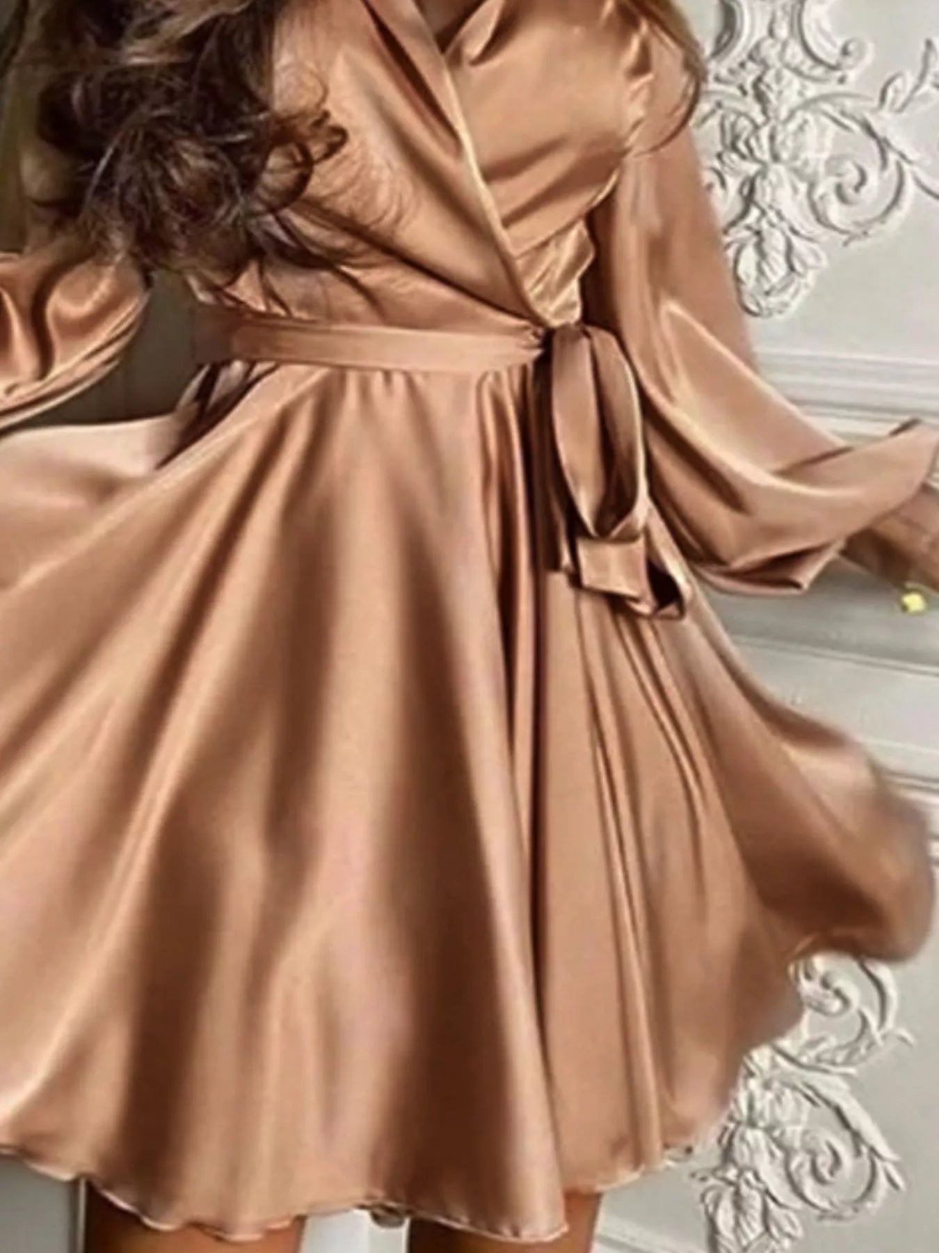 Trendsi Satin Surplice Long Sleeve Mini Dress -