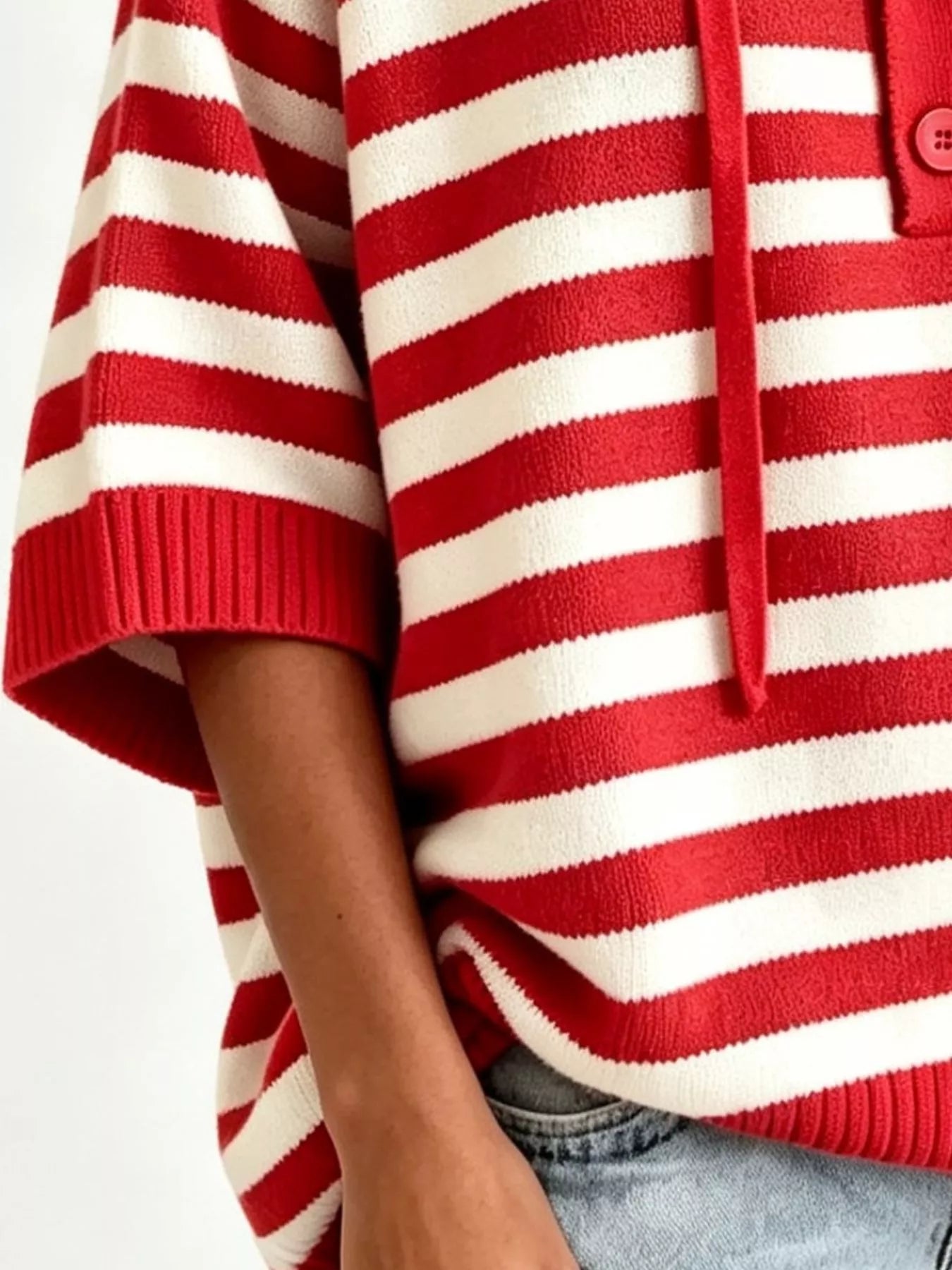 Trendsi Striped Hooded Sweater with Button Detail -