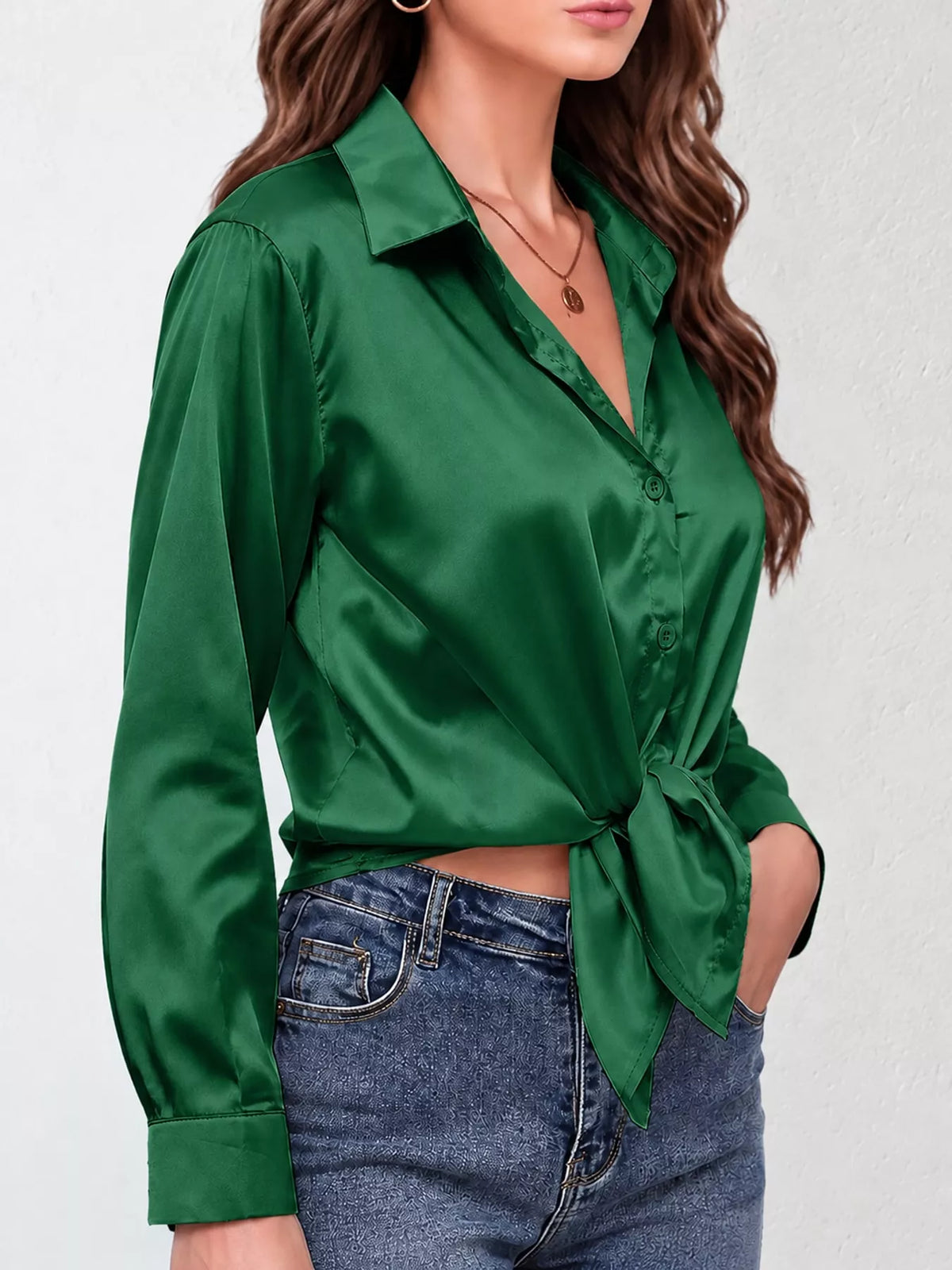 Dark Green satin button-down long sleeve shirt
