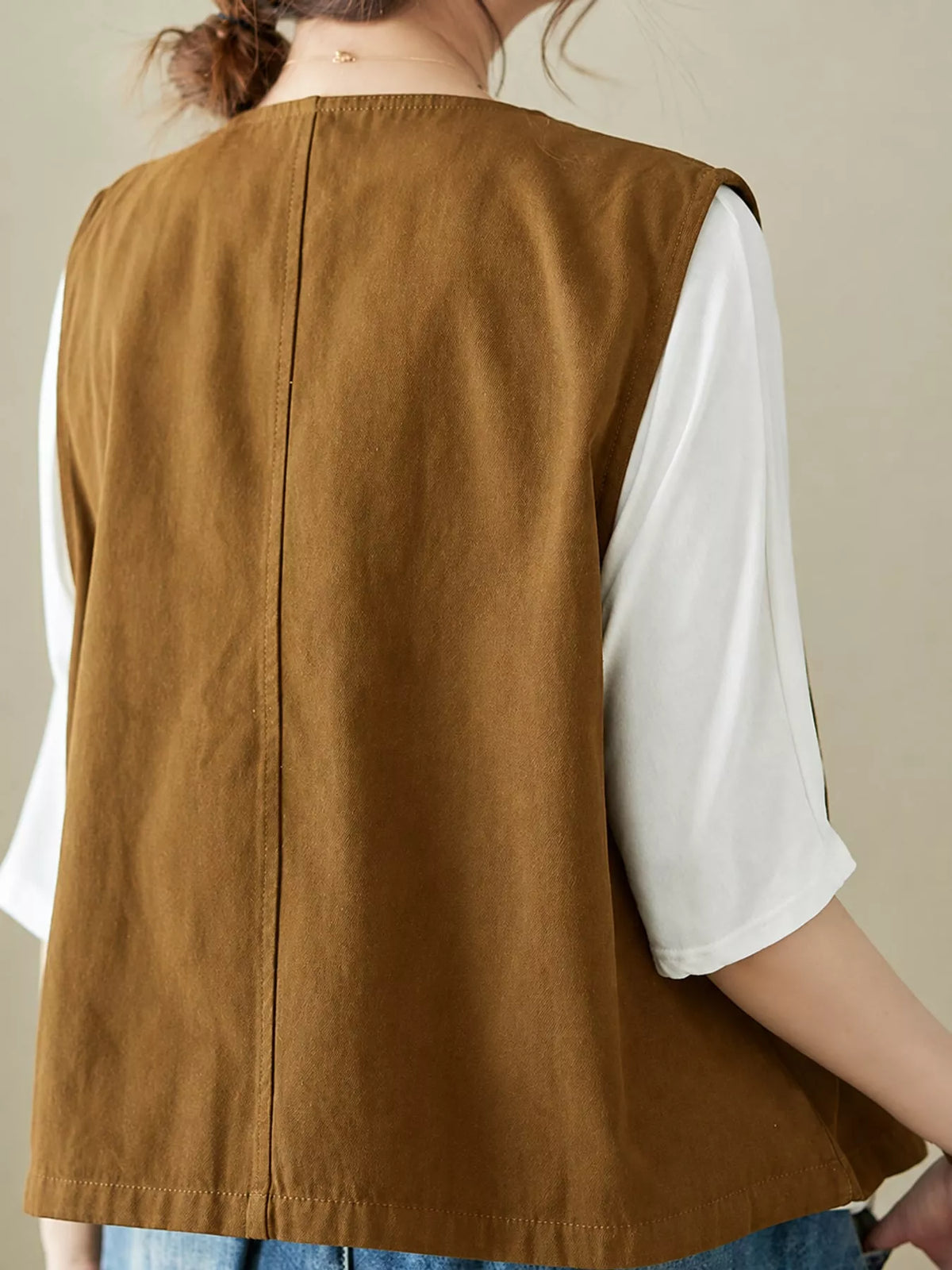 Asymmetric Button Closure Utility Vest Coat, back view in tan