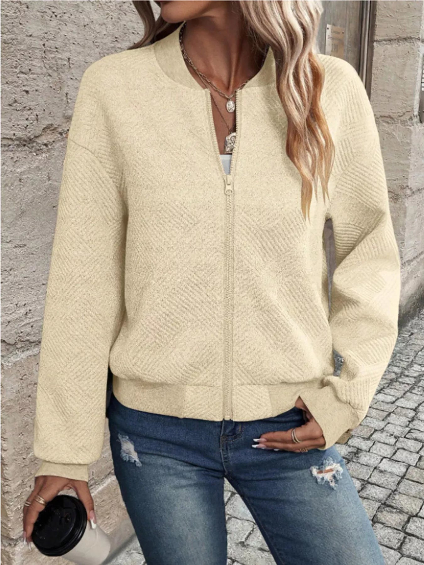 Trendsi Textured Knit Zip-Up Bomber Jacket -