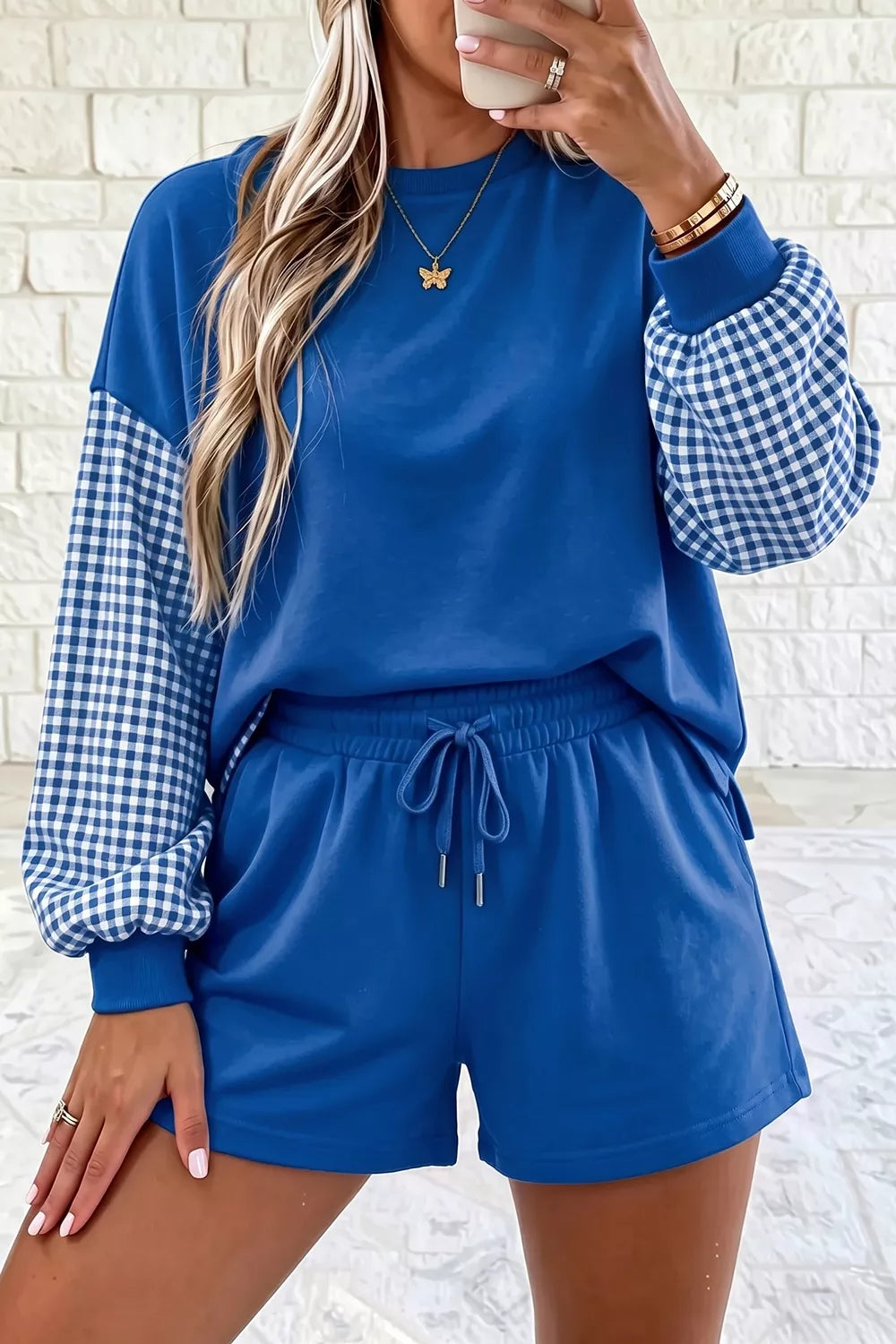 Trendsi Gingham Patchwork Long Sleeve Sweatshirt and Shorts Set -