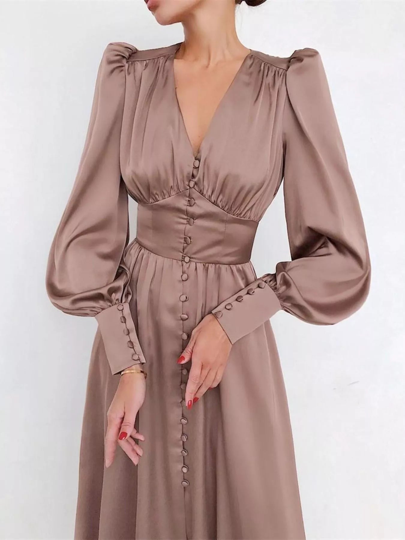 Trendsi Elegant V-Neck Puff Sleeve Button-Down Midi Dress -